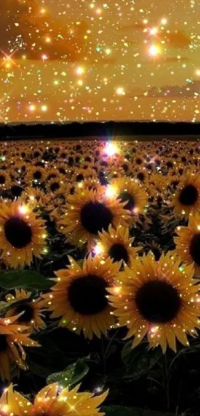 Sunflower field under a sparkling starry sky wallpaper.