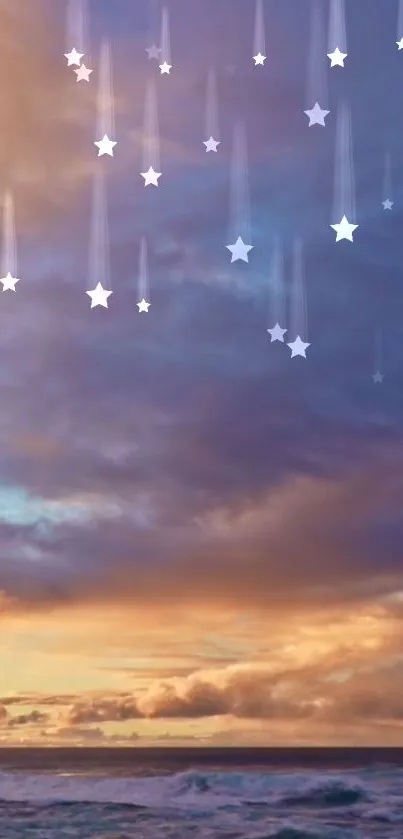 Starry sky over sunset clouds and ocean waves wallpaper.