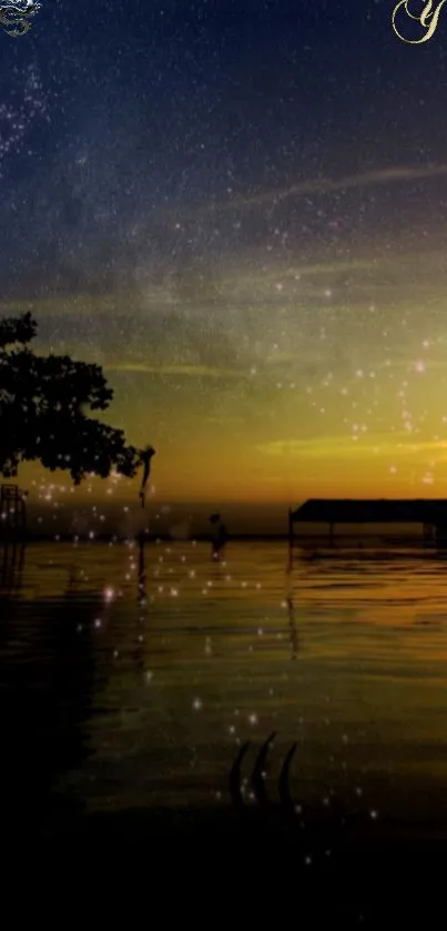 Starry night sky over a serene sunset lakeside view.