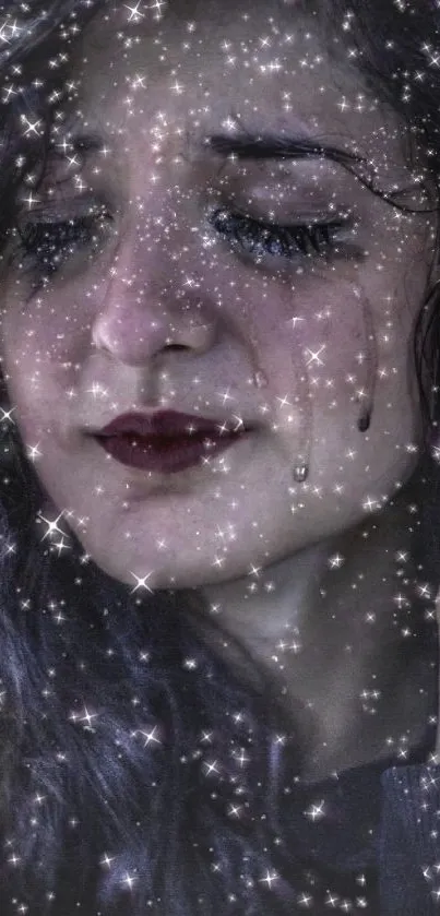 Woman with tears in a starry night sky wallpaper.