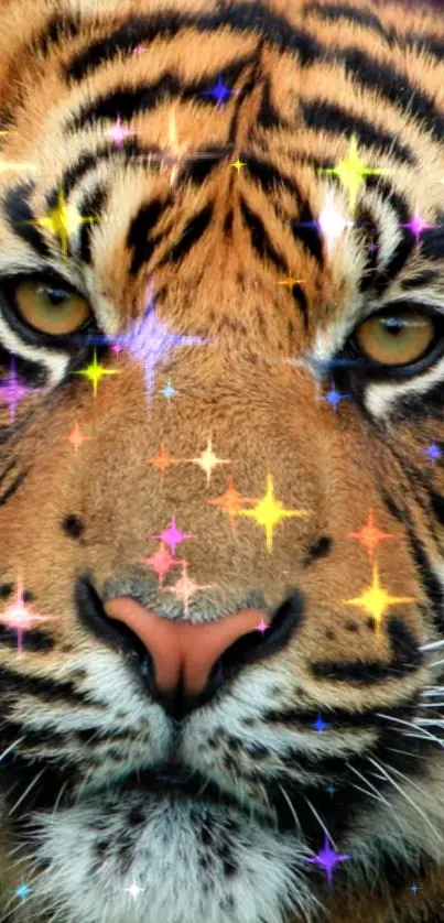 A starry tiger face wallpaper with vibrant colors.