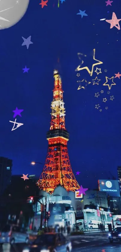 Tokyo Tower illuminated with stars against a vibrant night sky.