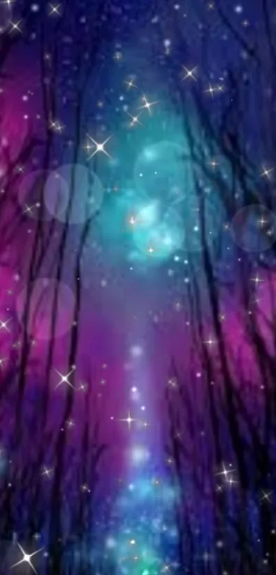 Starry twilight forest with vibrant colors and sparkling stars.