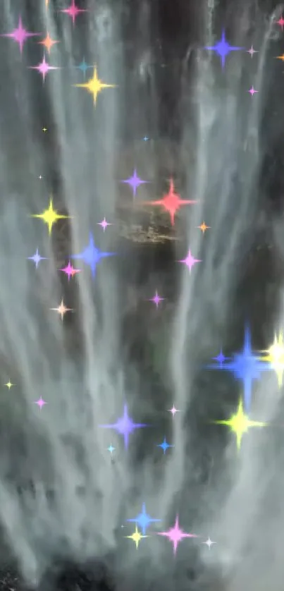 Waterfall with colorful stars wallpaper.