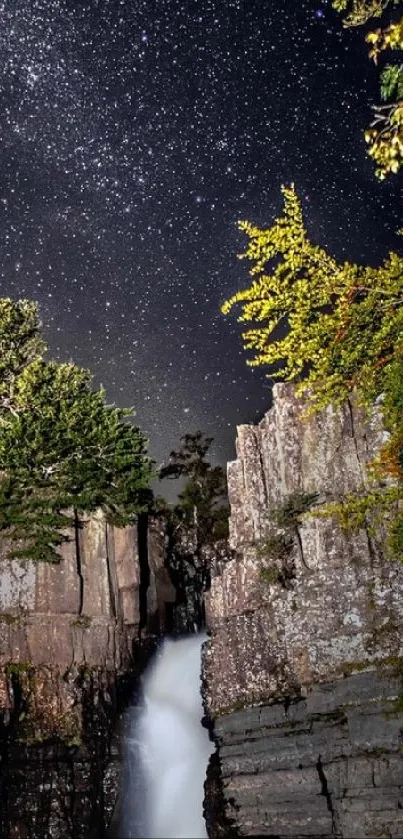 Starry night sky over waterfall with trees.