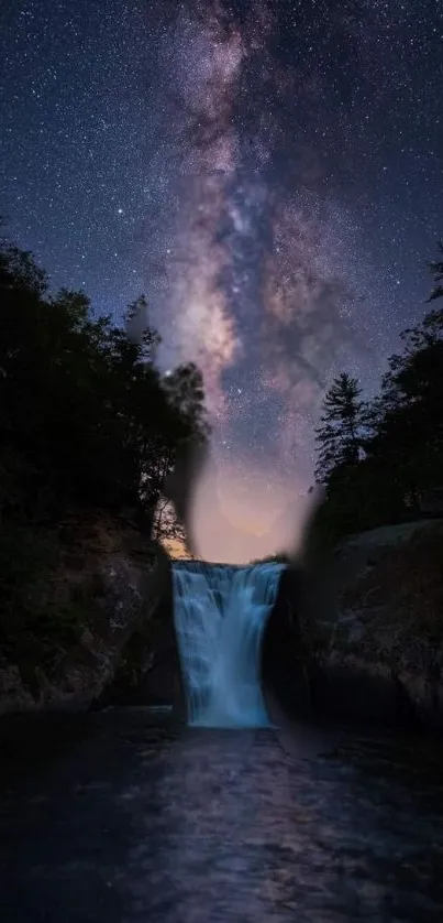 Starry night with waterfall and galaxy background.