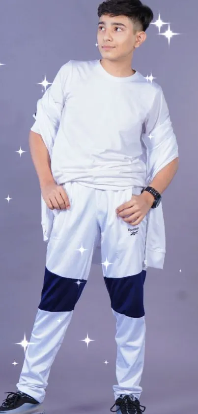 Fashionable model in a white outfit with starry background.