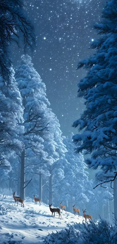 Snowy forest under a starry night sky with deer roaming.