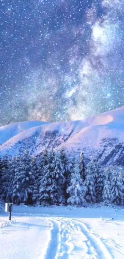 Starry night over snow-capped mountains and a peaceful winter landscape.