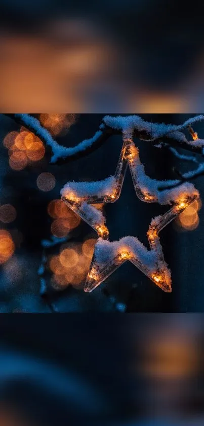 Snow-covered star with warm lights on a winter night.