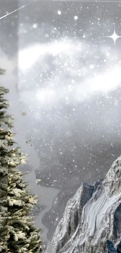 Snow-covered mountain with starry night sky and pine trees.