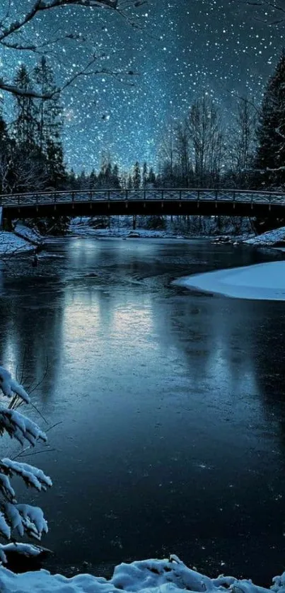 Starry night over snowy river and bridge in winter scene.