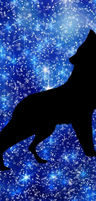 Silhouette of a wolf against a starry blue night sky background.