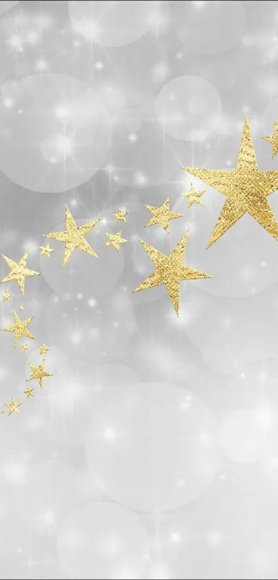 Golden stars on a silver sparkly background mobile wallpaper.