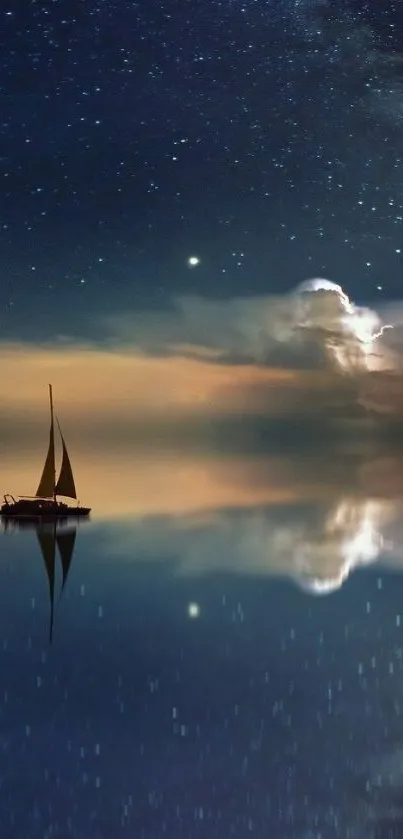 Sailboat in tranquil starry night on calm waters, reflecting sky and clouds.