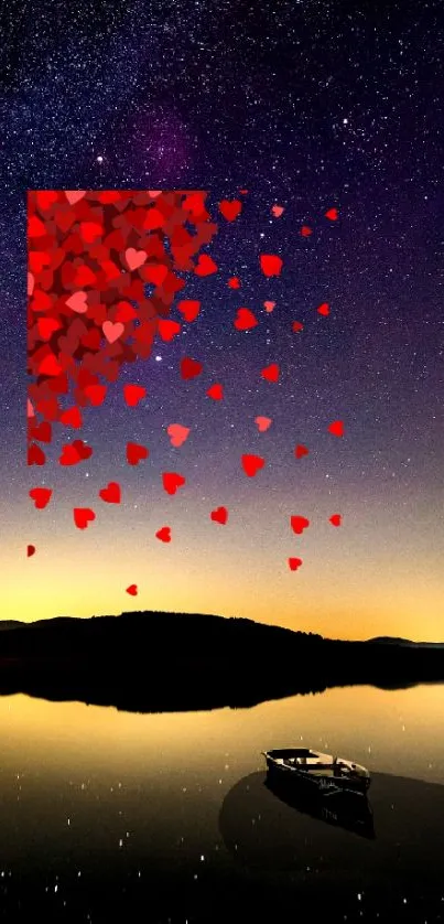 A serene night sky with red hearts floating over a starry lake scene.