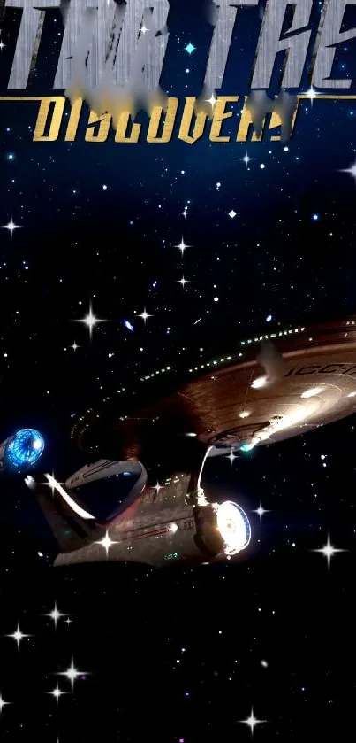 Star Trek spaceship cruising through dark starry galaxy.