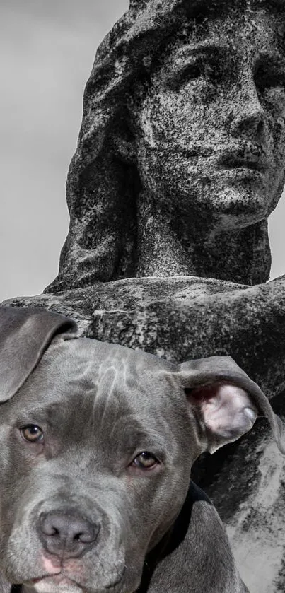 Dog sitting in front of a stone statue in grayscale.