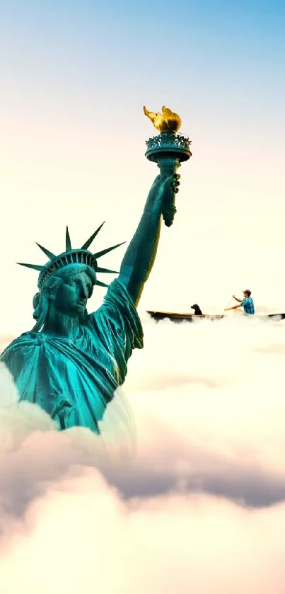 Statue of Liberty in the clouds with blue sky background.