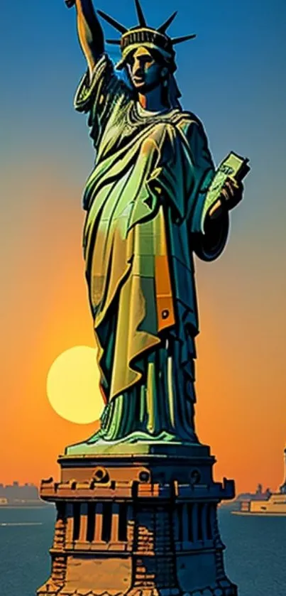 Statue of Liberty at sunset with vibrant orange hues and NY skyline.