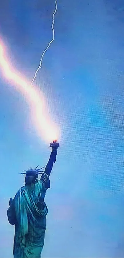 Lightning striking the Statue of Liberty against a blue sky backdrop.