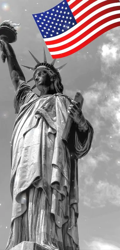 Statue of Liberty with American flag in grayscale mobile wallpaper.