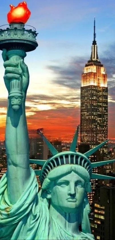 Statue of Liberty and skyline at sunset in vibrant colors.