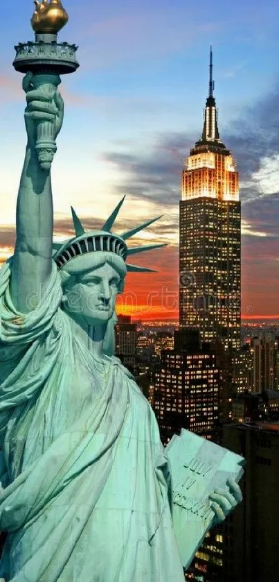 Statue of Liberty with NYC skyline at sunset.