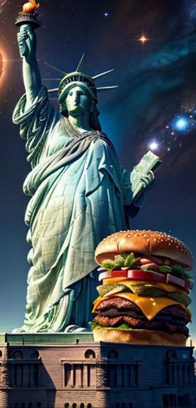 Statue of Liberty with giant burger under a cosmic galaxy background.