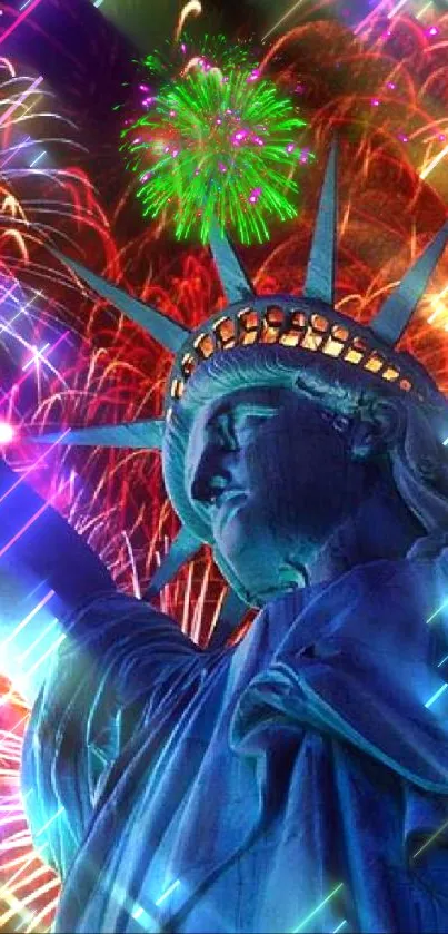 Vibrant Statue of Liberty with fireworks bursting in the night sky.