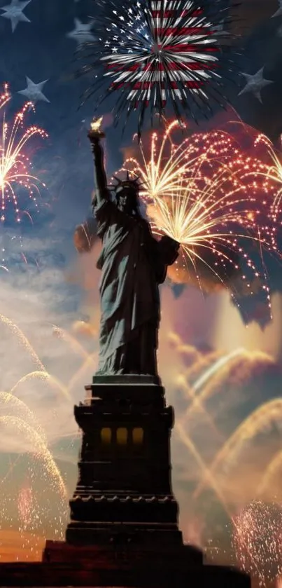 Statue of Liberty with fireworks against a night sky backdrop.