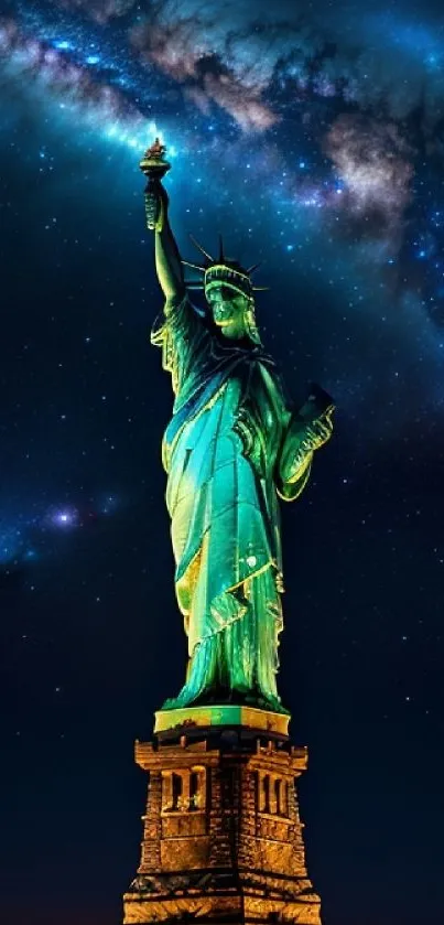 Statue of Liberty illuminated under a galaxy-filled night sky.