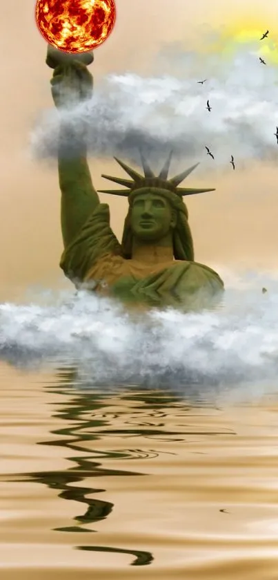 Surreal Statue of Liberty half-submerged in water with a tan sky reflection.