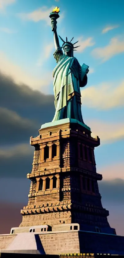 Wallpaper of the Statue of Liberty with a vibrant sky background.