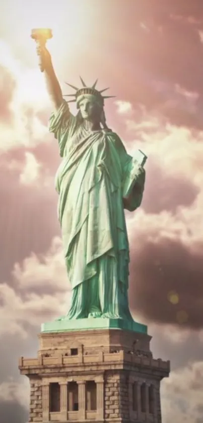 Statue of Liberty under a cloudy sky with sunlight highlights