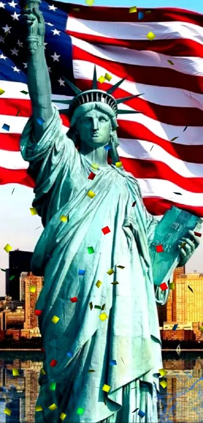 Statue of Liberty with the American flag in the background against a city skyline.