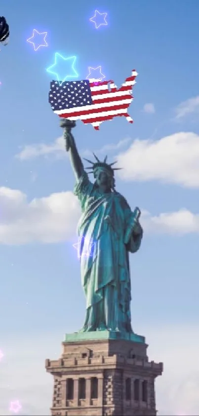 Statue of Liberty against a blue sky with an American flag.