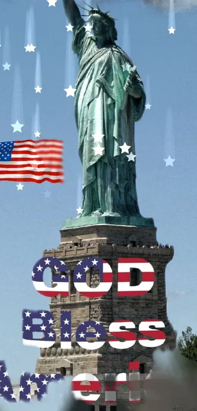 Patriotic Statue of Liberty wallpaper with American flag and stars.