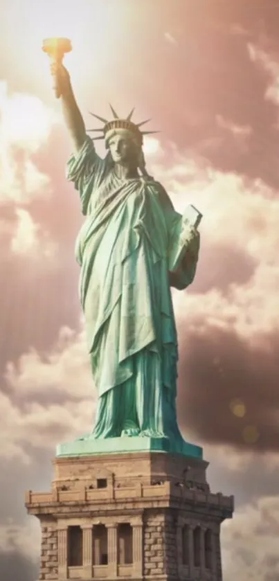 Statue of Liberty with radiant sky backdrop.