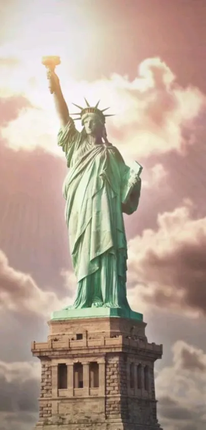 Statue of Liberty with radiant pink sky and dramatic clouds.