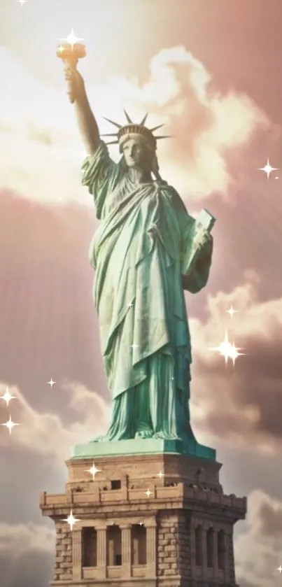 Statue of Liberty with radiant sky and stars on mobile wallpaper.