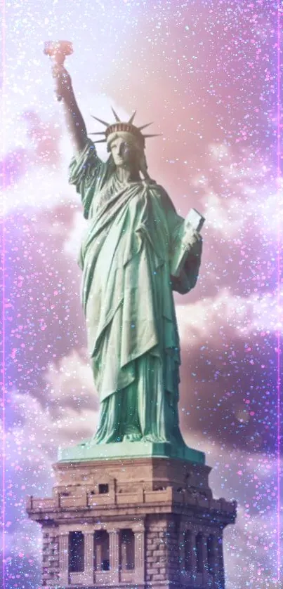 Statue of Liberty with sparkles under a pastel sky background.