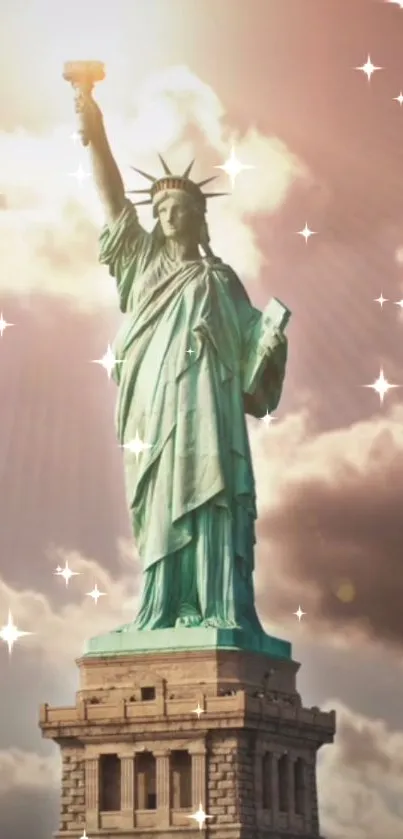 Statue of Liberty with sparkling sky on mobile wallpaper.