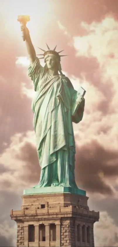 Statue of Liberty under a sunny, cloudy sky.