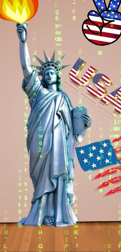 Statue of Liberty with USA graphics, a patriotic mobile wallpaper featuring bold art.