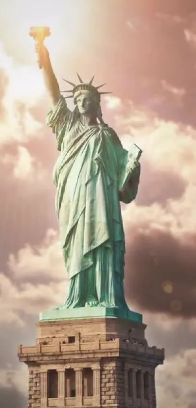 Statue of Liberty with dramatic sky background.