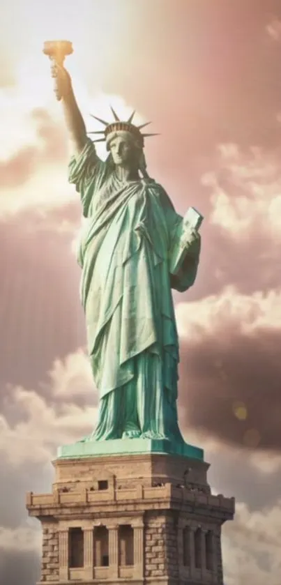 Statue of Liberty against a cloudy, sunlit sky.