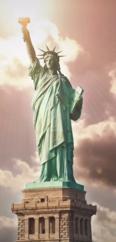 Statue of Liberty stands tall against a cloudy sky, symbolizing freedom and hope.