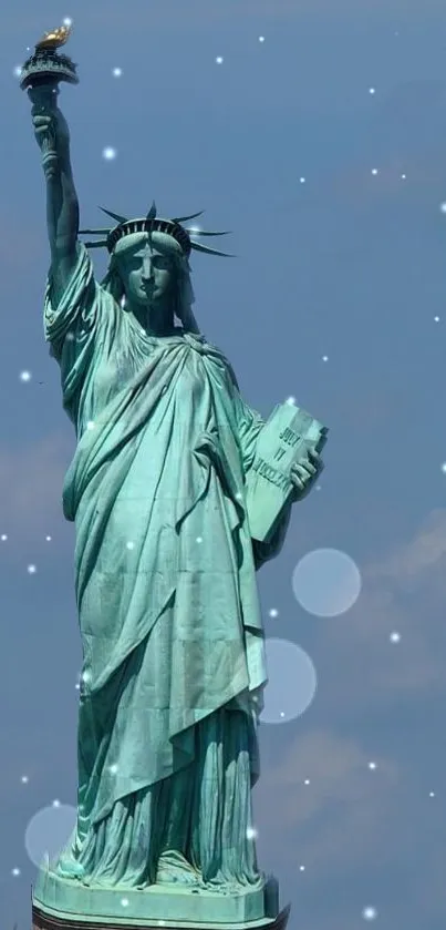 Statue of Liberty against a starry night sky with bokeh effects.