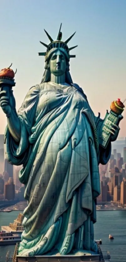 Statue of Liberty holding cupcakes with city skyline in background.